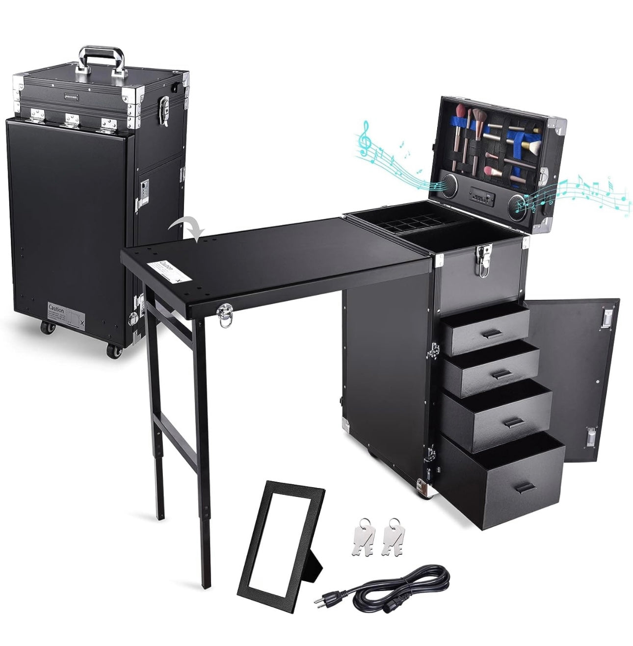 Nail Desk Mobile Station Rolling Makeup Train Case Trolley Cosmetic Manicure Table Mirror 4 Drawers Black 