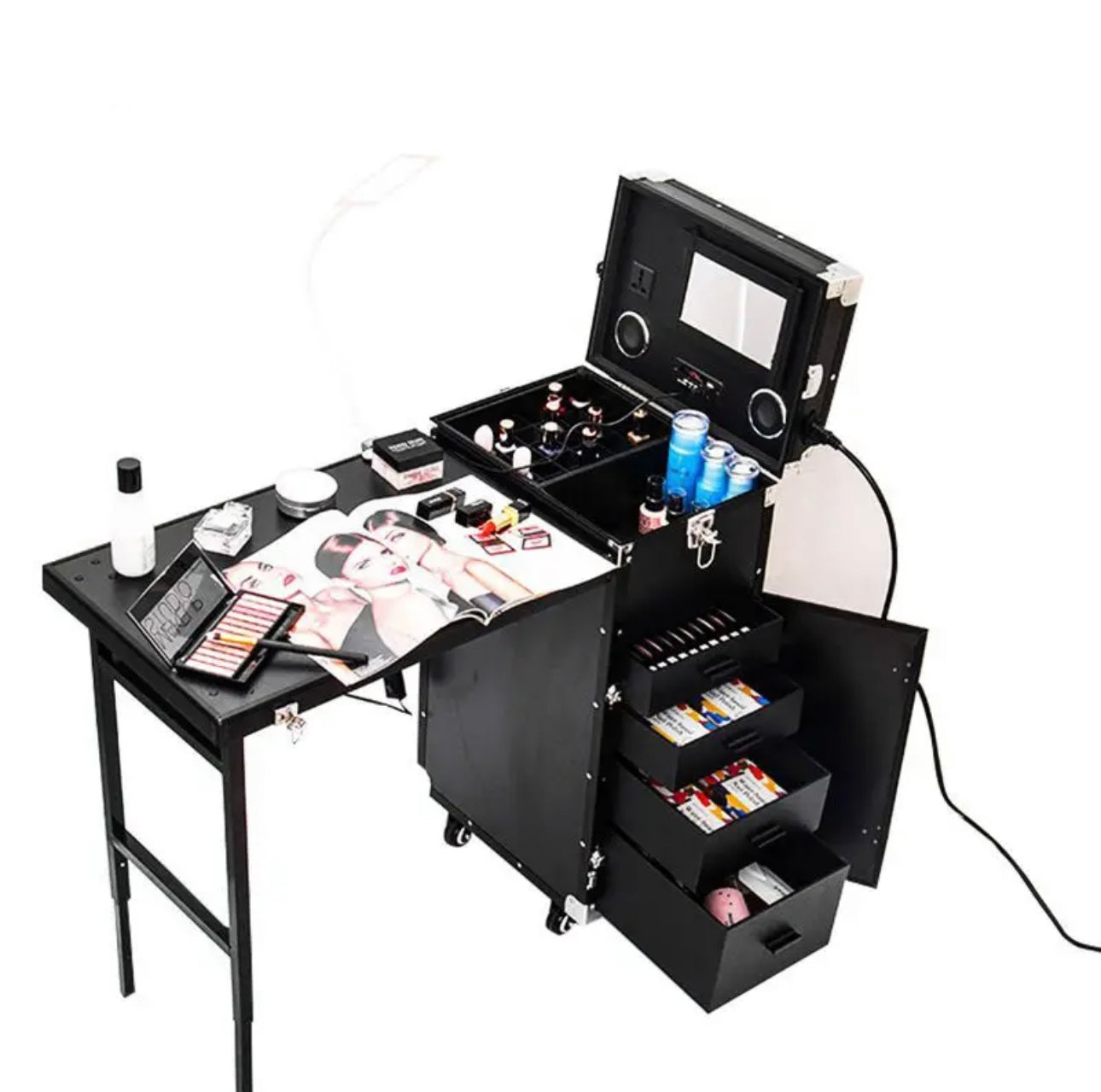 Nail Desk Mobile Station Rolling Makeup Train Case Trolley Cosmetic Manicure Table Mirror 4 Drawers Black 