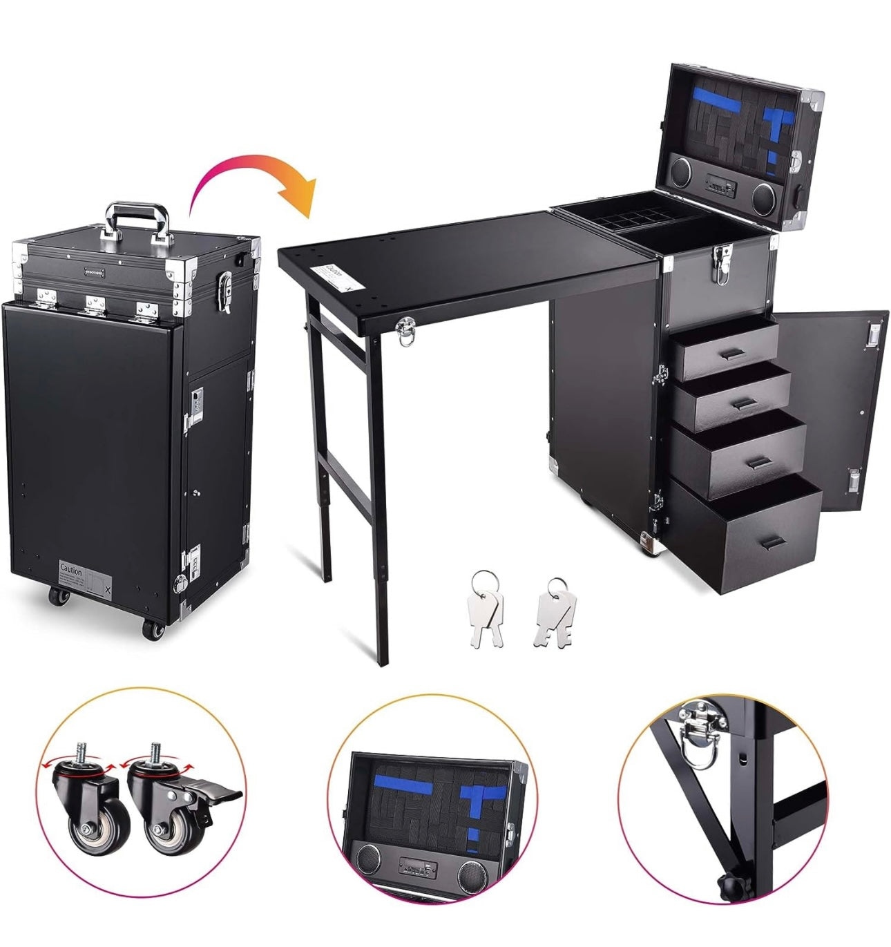 Nail Desk Mobile Station Rolling Makeup Train Case Trolley Cosmetic Manicure Table Mirror 4 Drawers Black 