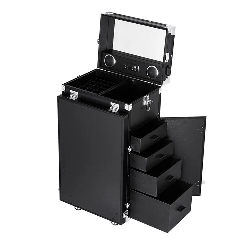 Nail Desk Mobile Station Rolling Makeup Train Case Trolley Cosmetic Manicure Table Mirror 4 Drawers Black 