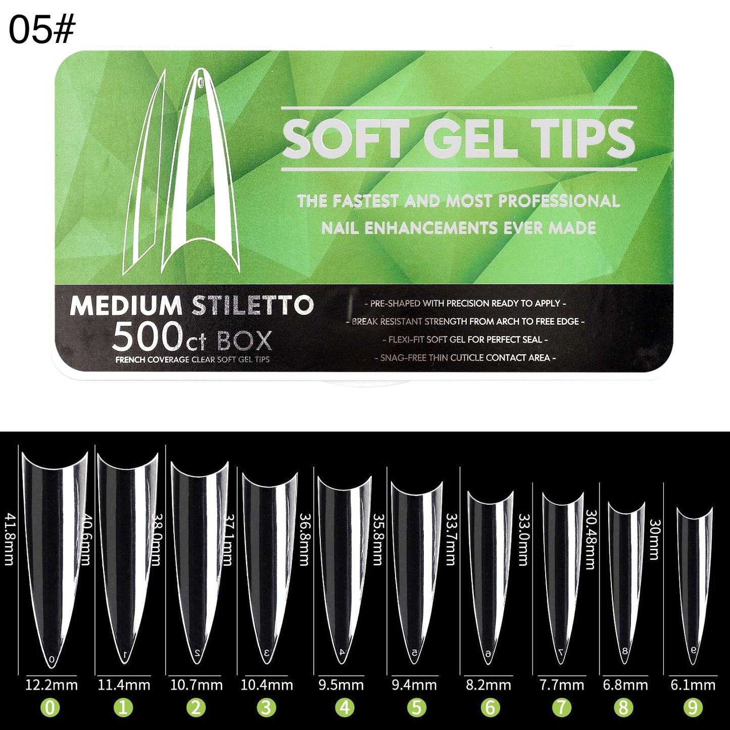 500Pcs/Box Soft Gel Tips Medium Stiletto 05#