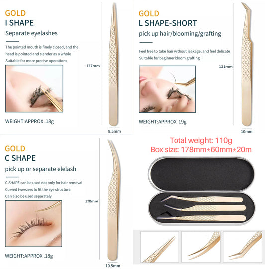 3Pcs/Set Eyelashes Tweezers High Precision Anti-static With Metallic Box Rose Gold Color