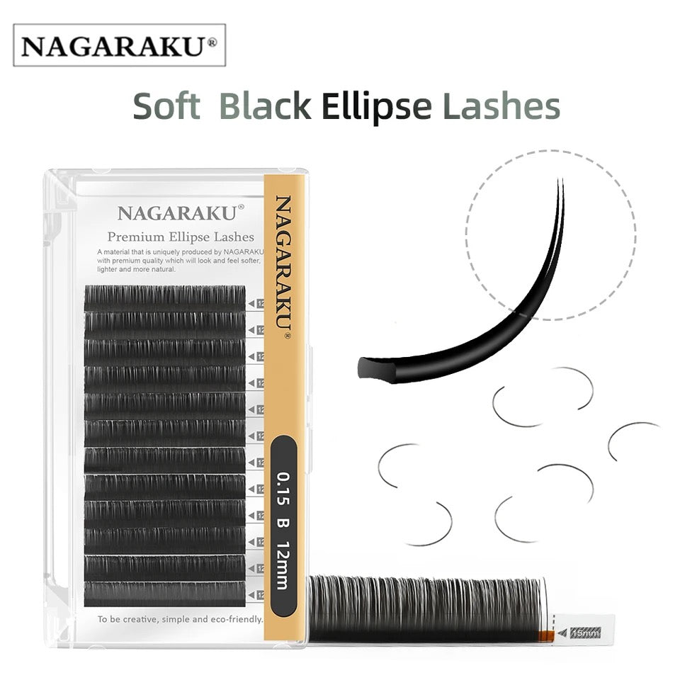 NAGARAKU 0.15mm C/D Curl Mix 8-15mm Flat Ellipse Eyelash Split Tips Matte Black Color