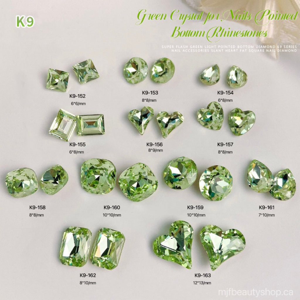 2Pcs Green Crystal K9 Nails Pointed Bottom Rhinestones