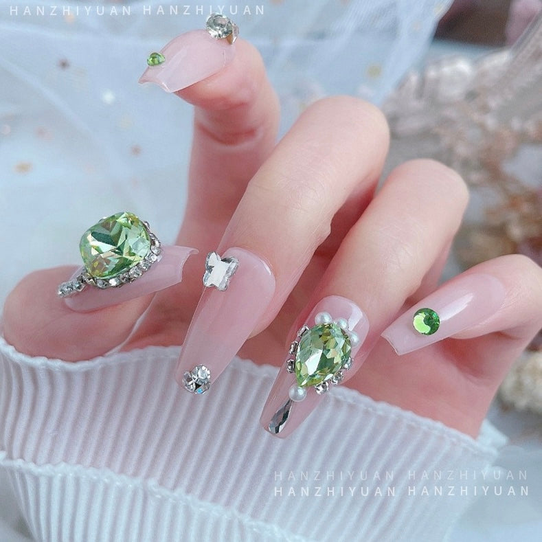 2Pcs Green Crystal K9 Nails Pointed Bottom Rhinestones