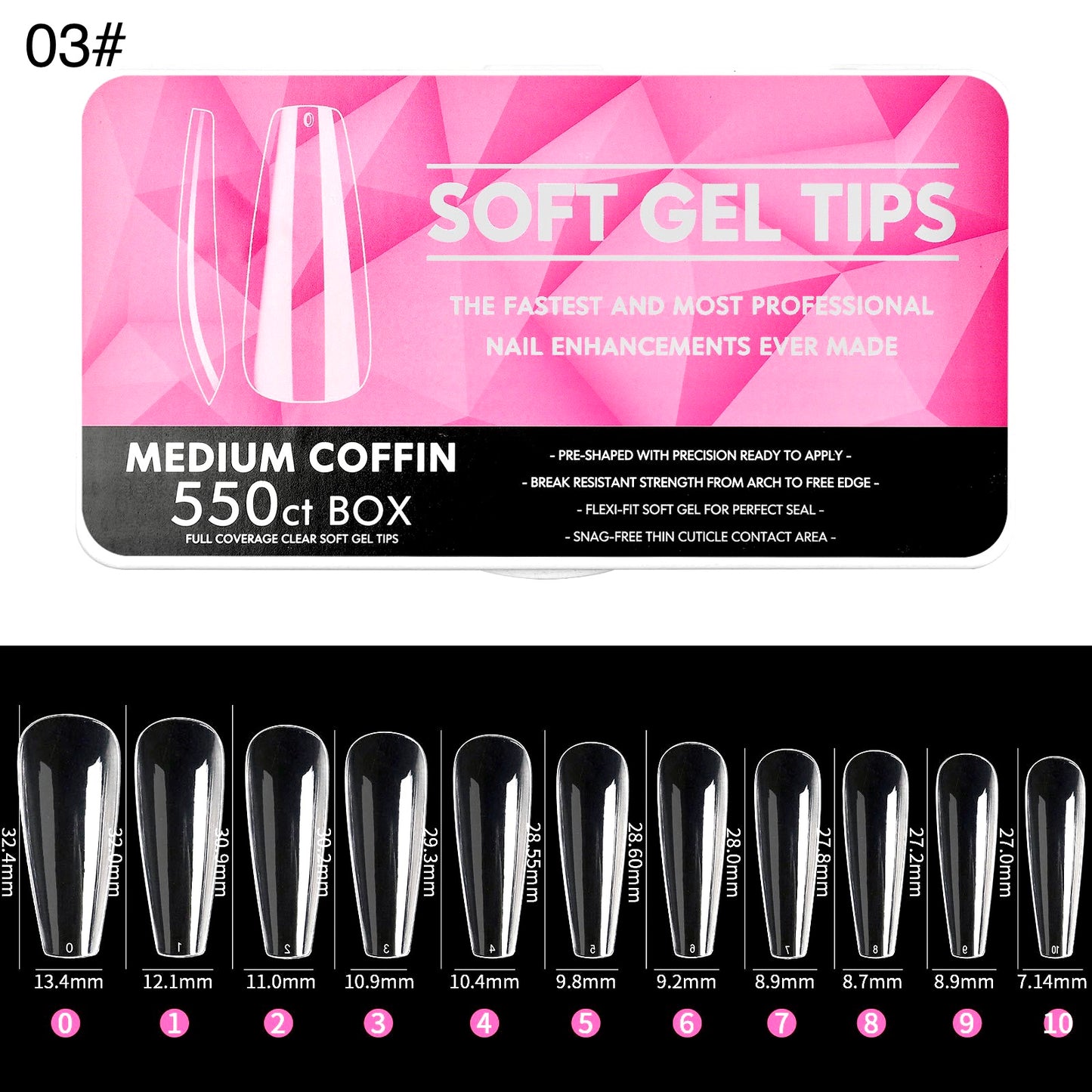 550Pcs/Box Soft Gel Tips Medium Coffin 03#