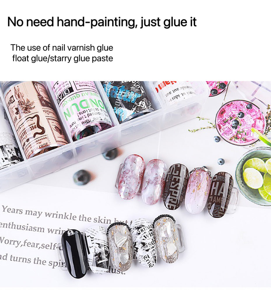 10Rolls/Set English Newspaper Nail Transfer Foil