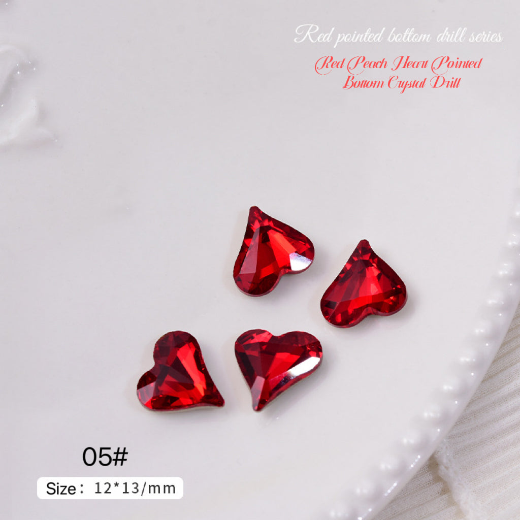 2pcs Red Peach Heart Pointed Bottom Crystal Drill