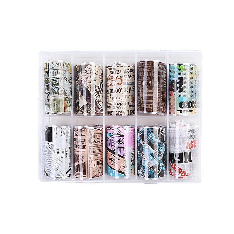 10Rolls/Set English Newspaper Nail Transfer Foil