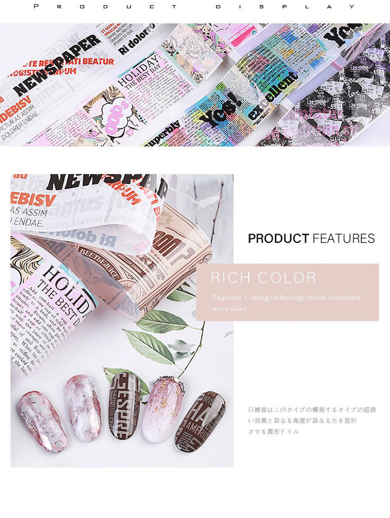 10Rolls/Set English Newspaper Nail Transfer Foil