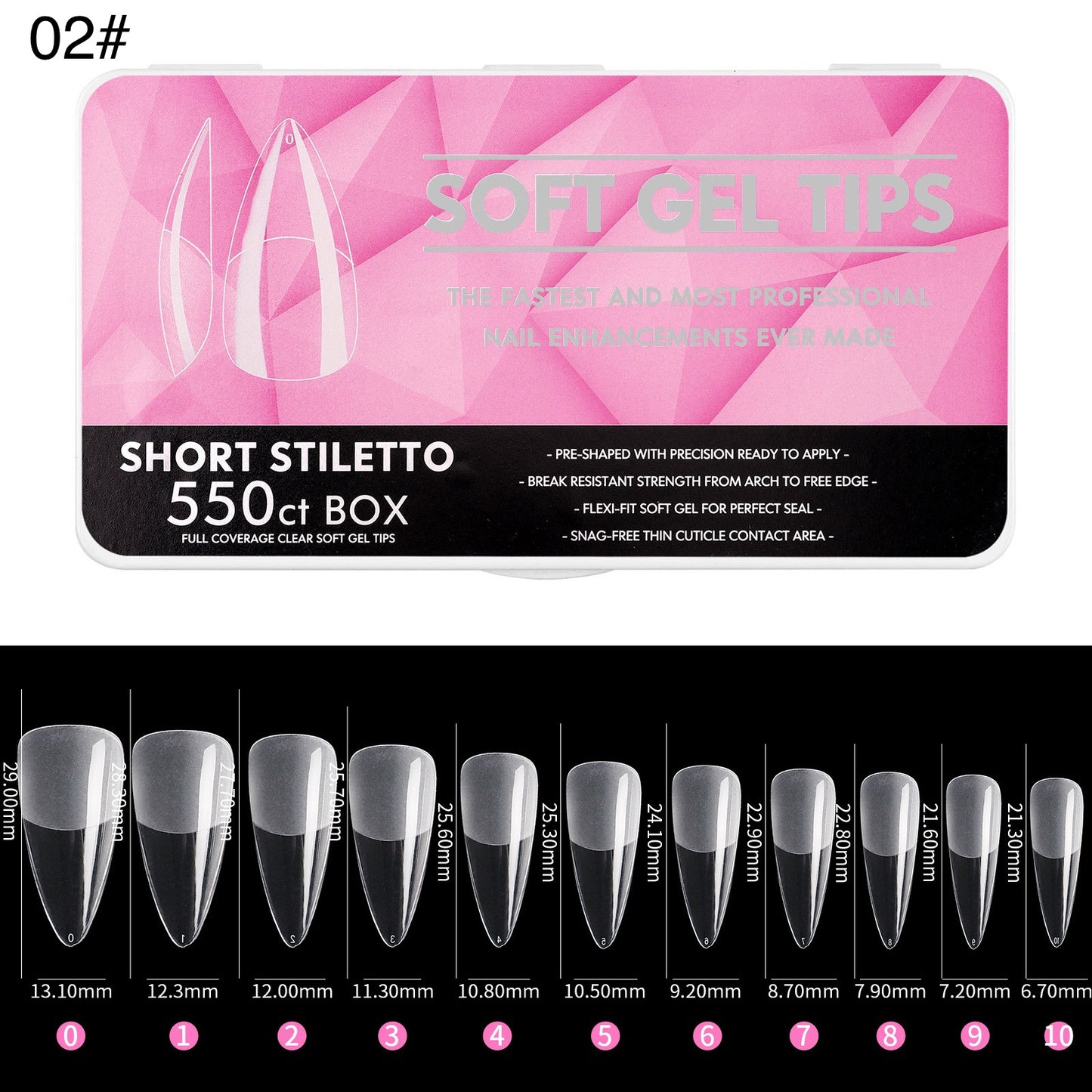 550Pcs/Box Soft Gel Tips Short Stiletto 02#